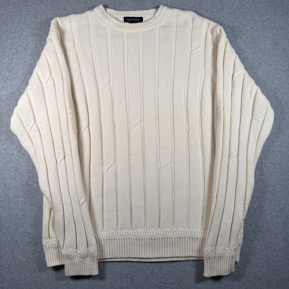 Nautica Sweater Men's Small Cream Cable Knit 100 Percent Cotton